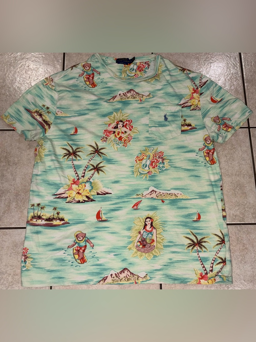 Polo Ralph Lauren Light Mint Tropical Print Tee Hawaii surf bear large
